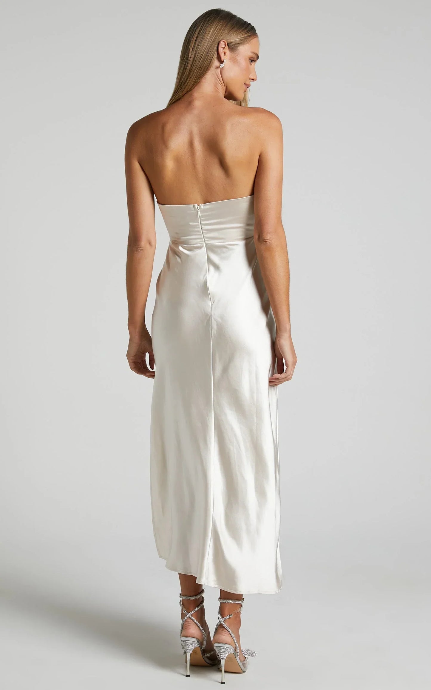 Jaslynn Midi Dress - Strapless V Neck Satin Dress in Champagne