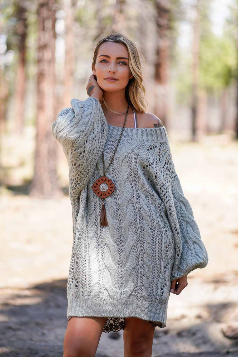 Golden Hour Bubble Sleeve Sweater Dress - Sage
