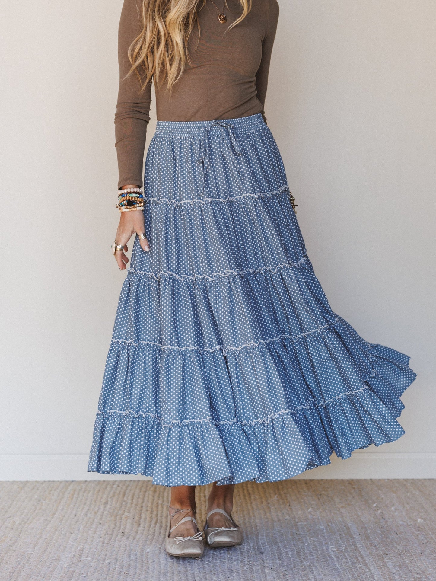 Polka Dot Darling Maxi Skirt - Denim