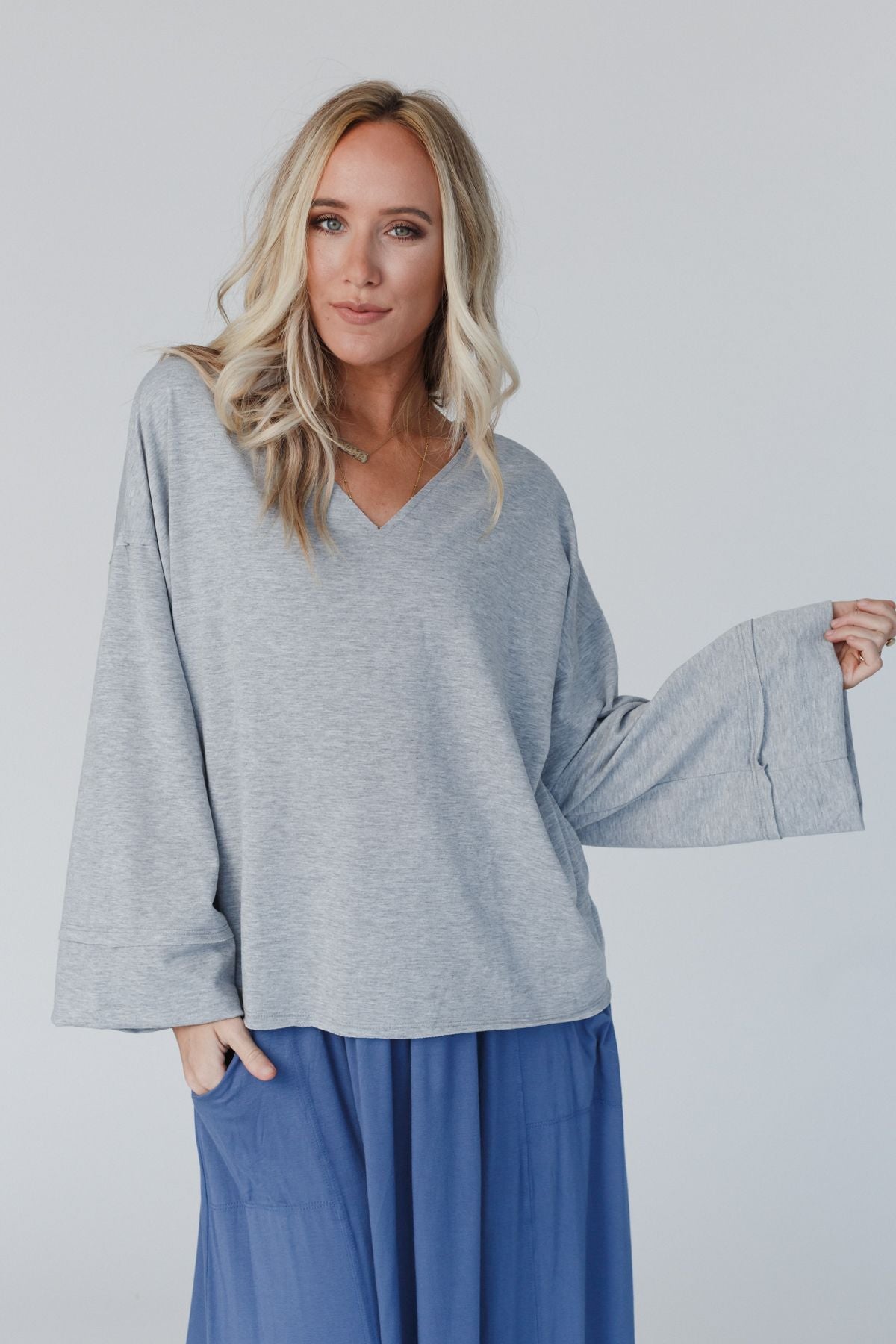 The Nest Love It V Neckline Sweater Top - Heather Gray