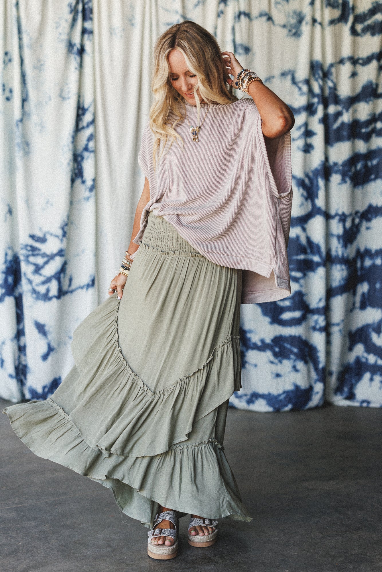 Washed Ashore Ruffled Maxi Skirt - Olive