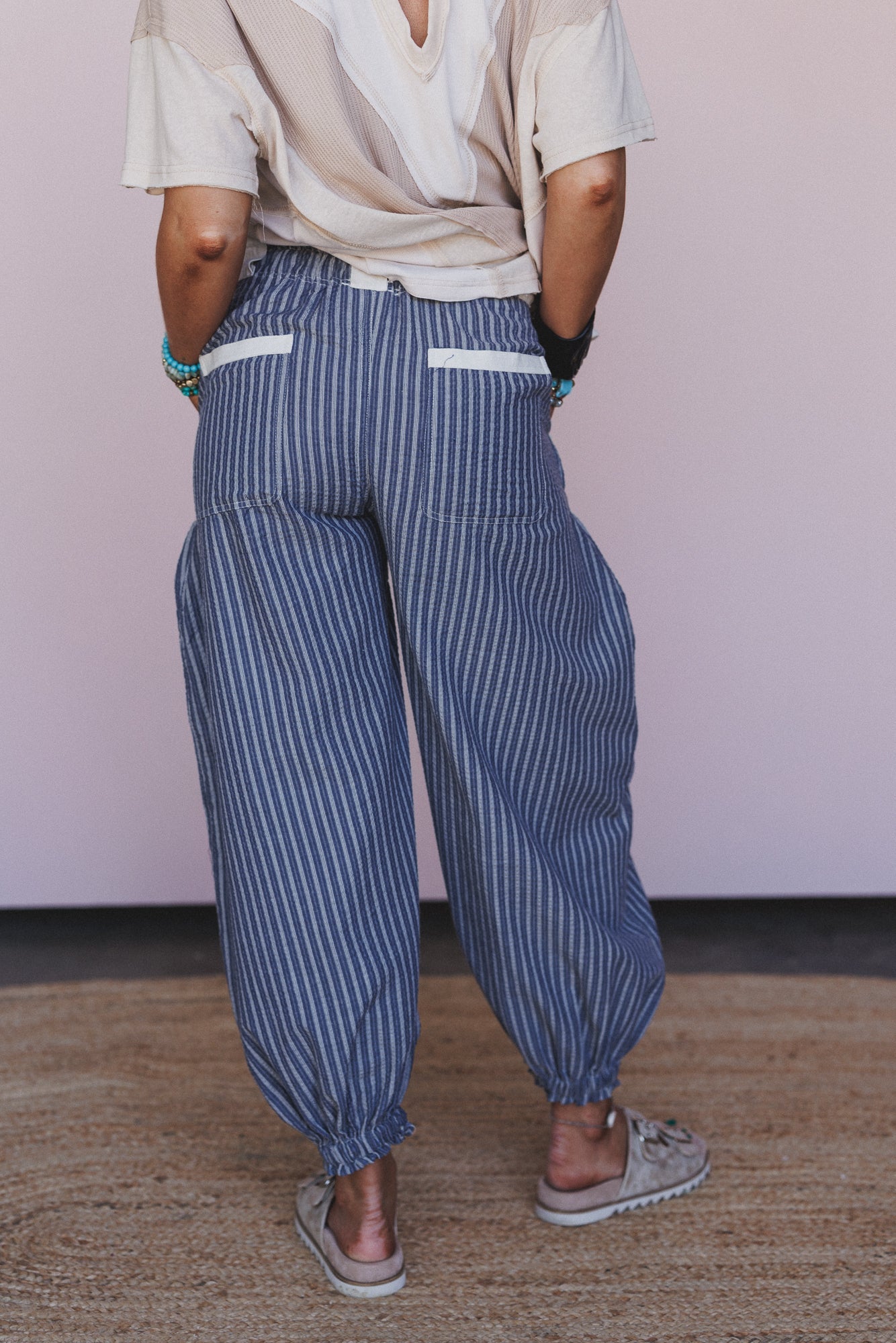 Sunday Social Striped Drawstring Joggers - Blue
