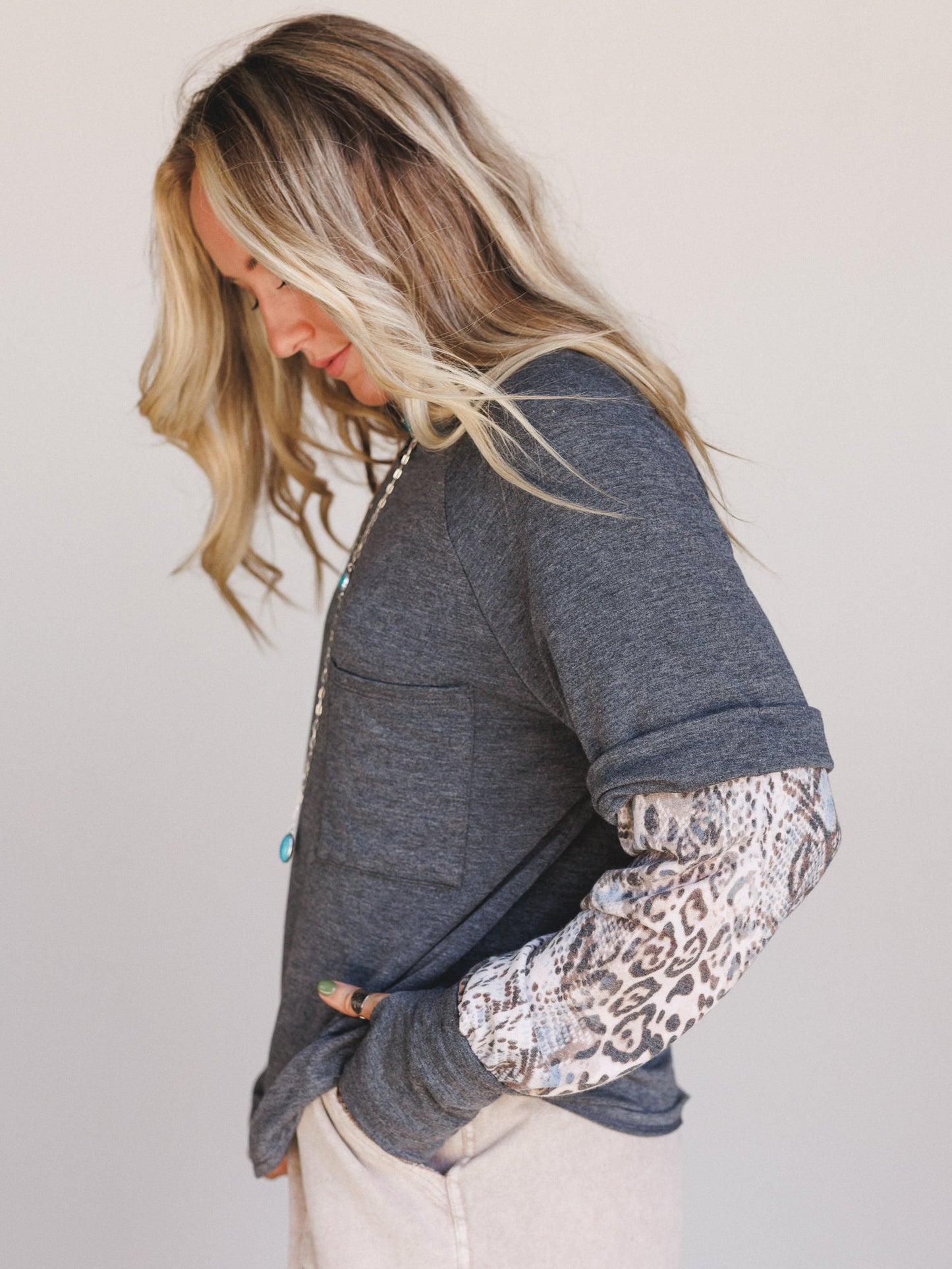 The Nest Better Together Layered Contrast Top - Charcoal