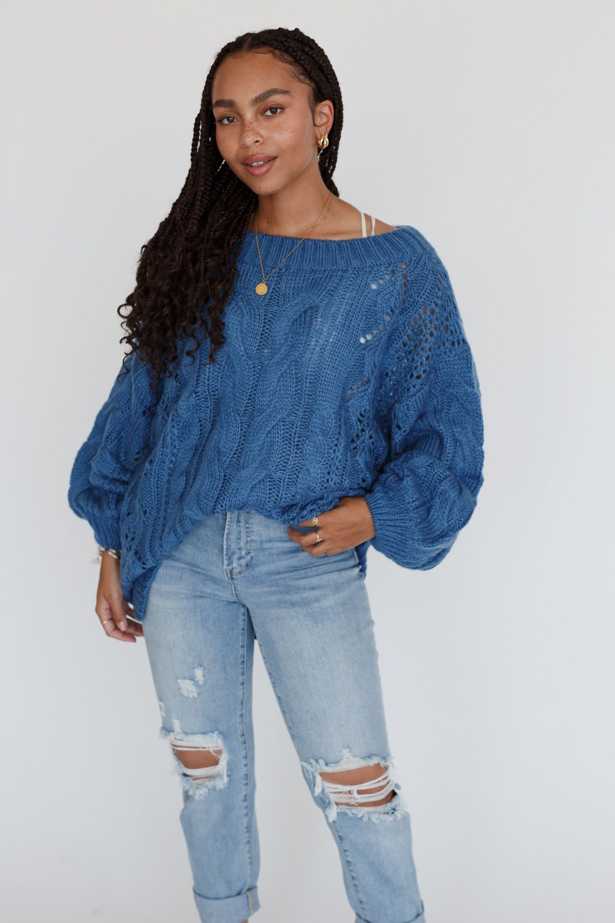 Golden Hour Bubble Sleeve Sweater Dress - Blue