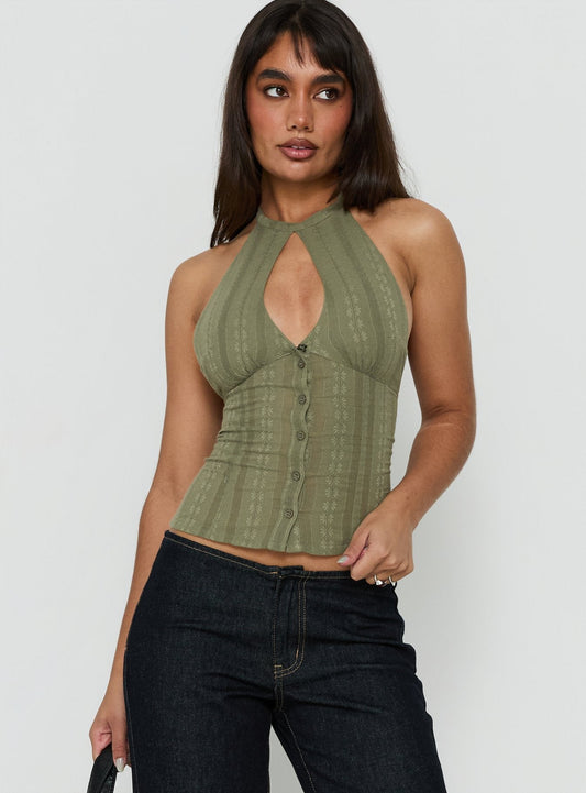 Call You Up Keyhole Backless Top Olive