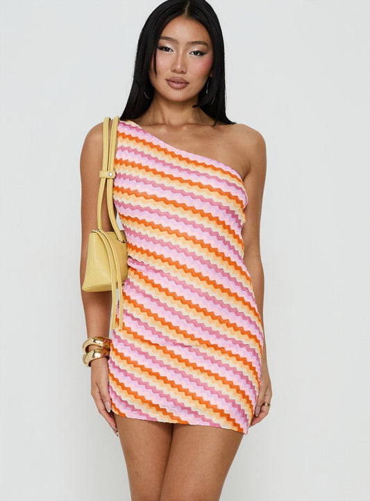 Alisia One Shoulder Knit Mini Dress Pink Stripe