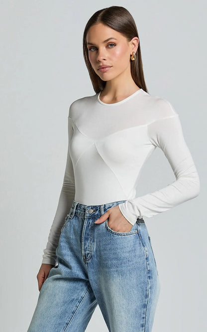 Kerryn Bodysuit - Long Sleeve Marl Cross Front Bodysuit in Ivory