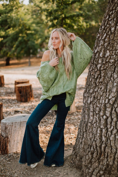 Golden Hour Bubble Sleeve Sweater Dress - Light Green