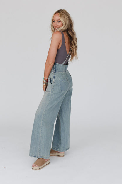Rise And Shine Wide Leg Denim Jumpsuit - Denim