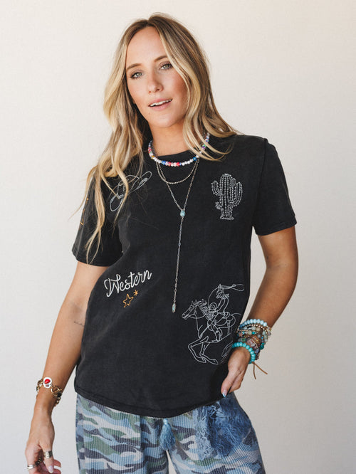 Wild Like the West Embroidered Tee - Washed Black