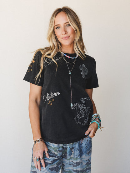 Wild Like the West Embroidered Tee - Washed Black