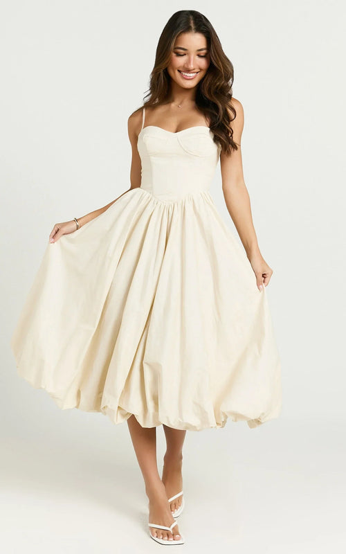 Kara Midi Dress - Strapped Bustier Bubble Hem Dress in Cream