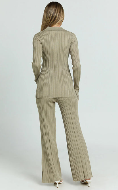 Kelsey Top - Button Through Long Sleeve Knitted Top in Taupe