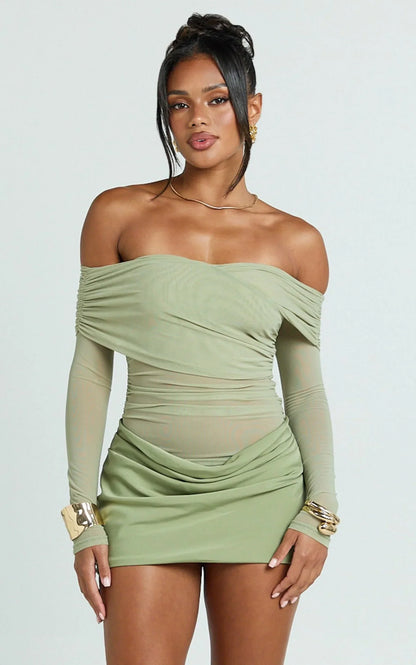 Jade Mini Dress - Long Sleeve Off Shoulder Draped Bias Cut Dress in Sage