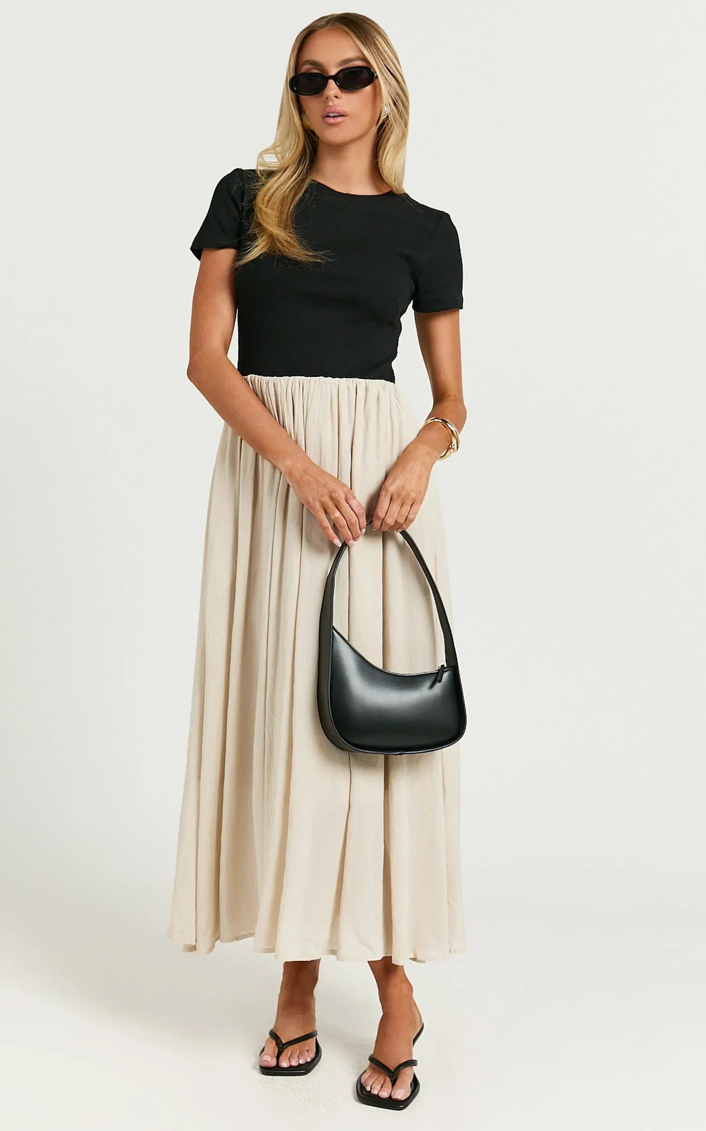 Hermie Midi Dress - Short Sleeve Contrast Dress in Black & Beige
