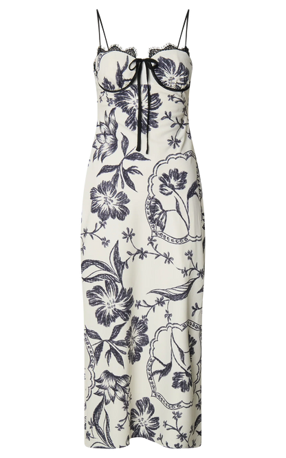 Helen Midi Dress - Strappy Balconette Tie Front Column Dress in Renaissance Floral Print