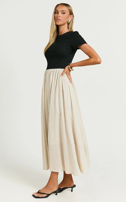 Hermie Midi Dress - Short Sleeve Contrast Dress in Black & Beige