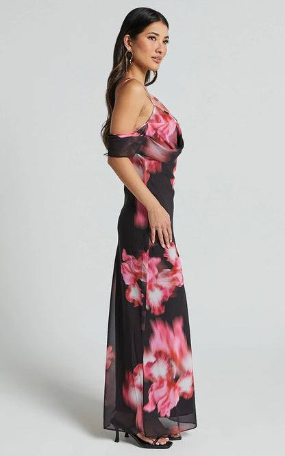 Jeanie Maxi Dress - Cowl Neck One Shoulder Slip Dress in Daze Print