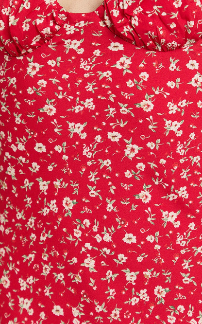 Hilton Midi Dress - Ruched Bust Slip Dress in Red Floral