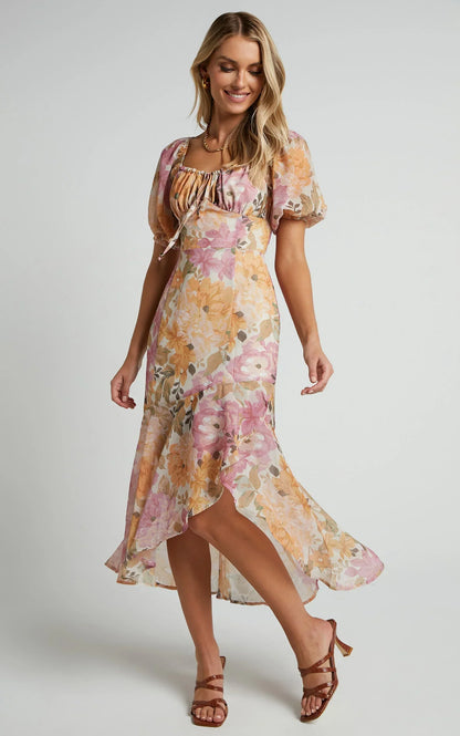 Jasalina Midi Dress - Puff Sleeve Dress in Elegant Rose