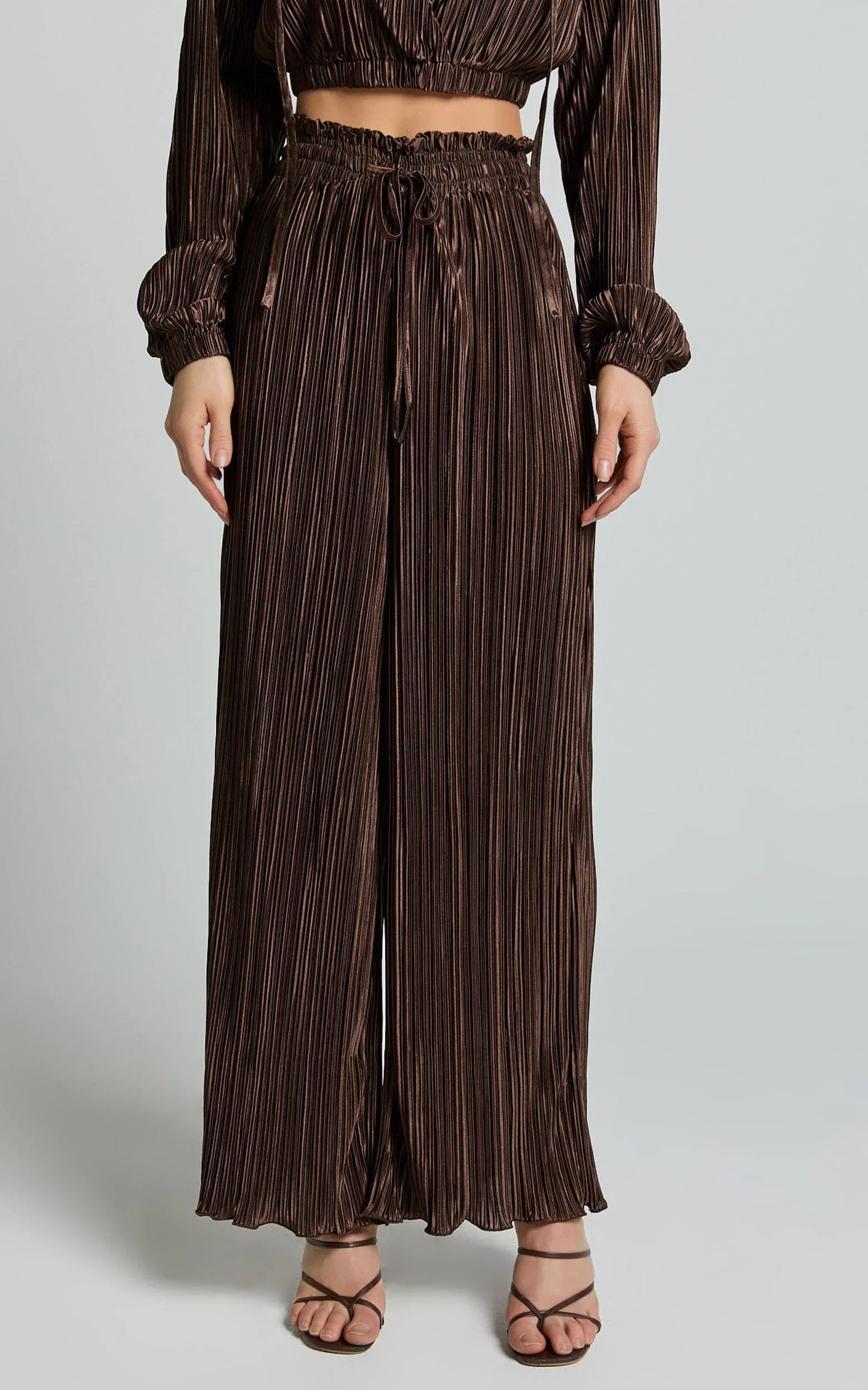 Kallie Pants - High Waist Drawstring Plisse Pants in Chocolate