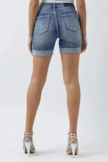 RISEN Full Size Distressed Rolled Denim Shorts with Pockets