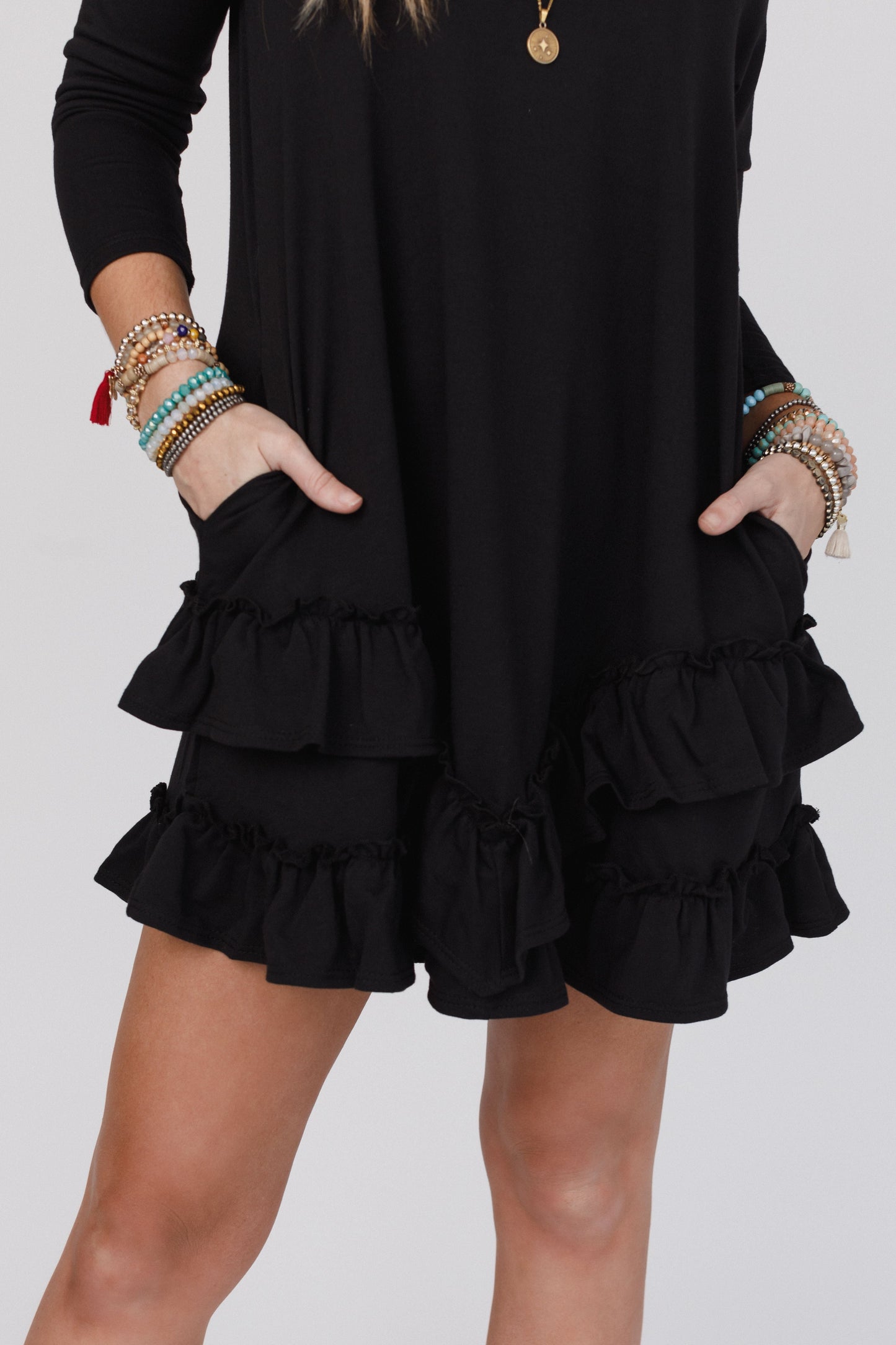 The Nest Constance Ruffle Hem Long Sleeve Dress - Black