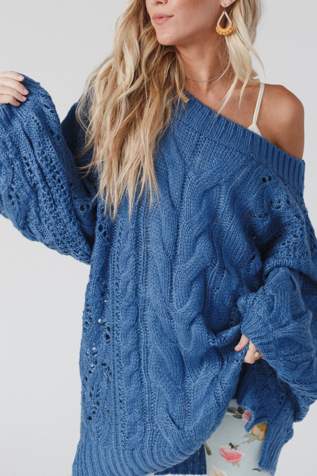 Golden Hour Bubble Sleeve Sweater Dress - Blue