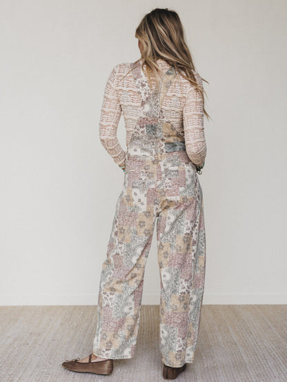 Vintage Boho Denim Overalls - Taupe Multi