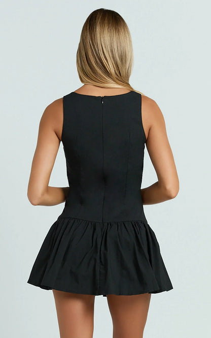 Izira Mini Dress - Boat Neck Drop Waist Shift Dress in Black