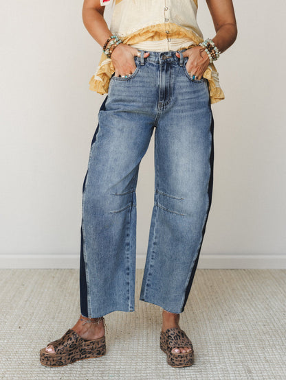 Two Tone Wide Leg Barrel Jeans - Denim