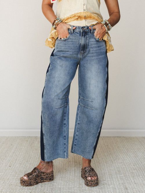 Two Tone Wide Leg Barrel Jeans - Denim