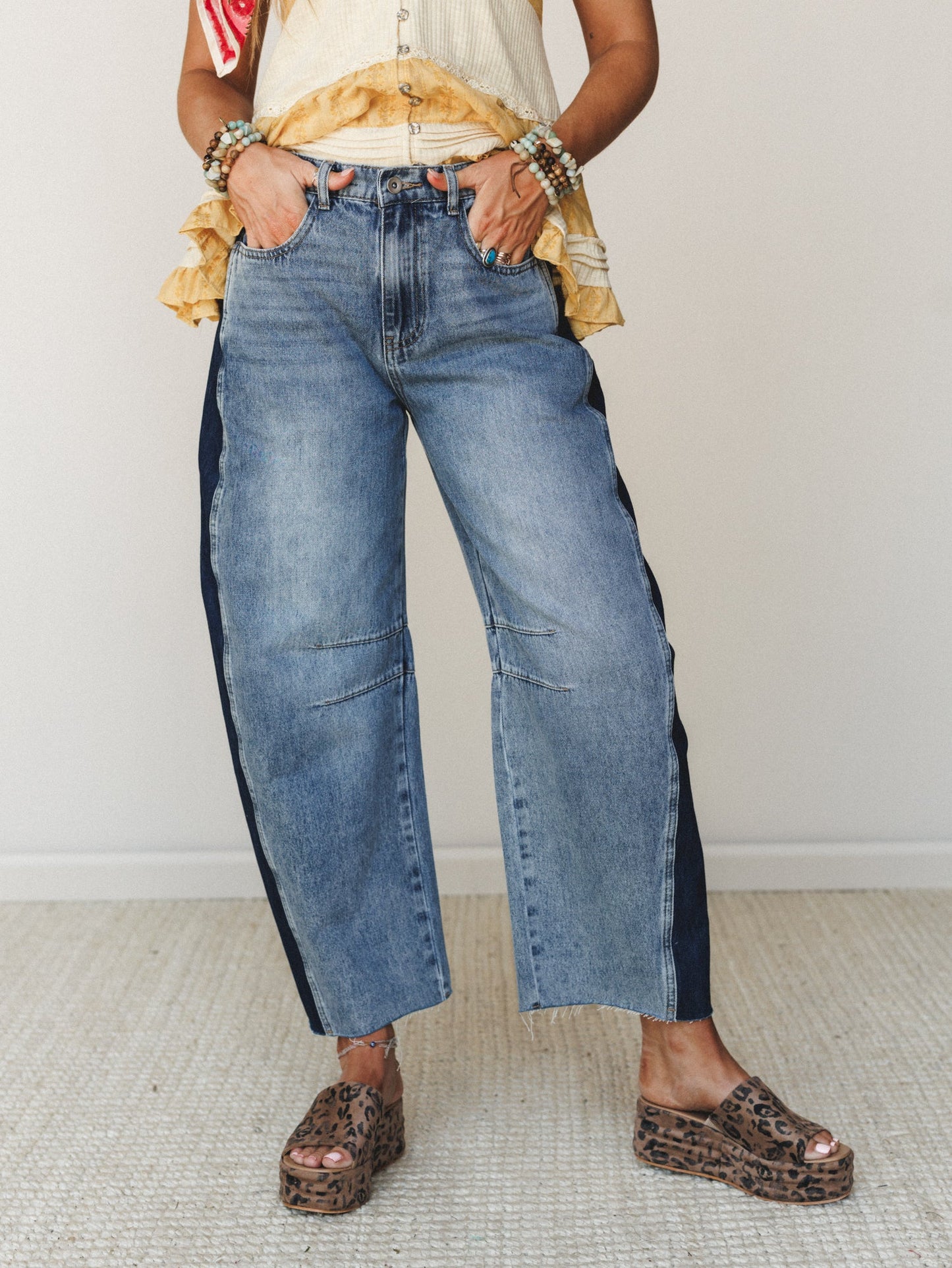Two Tone Wide Leg Barrel Jeans - Denim