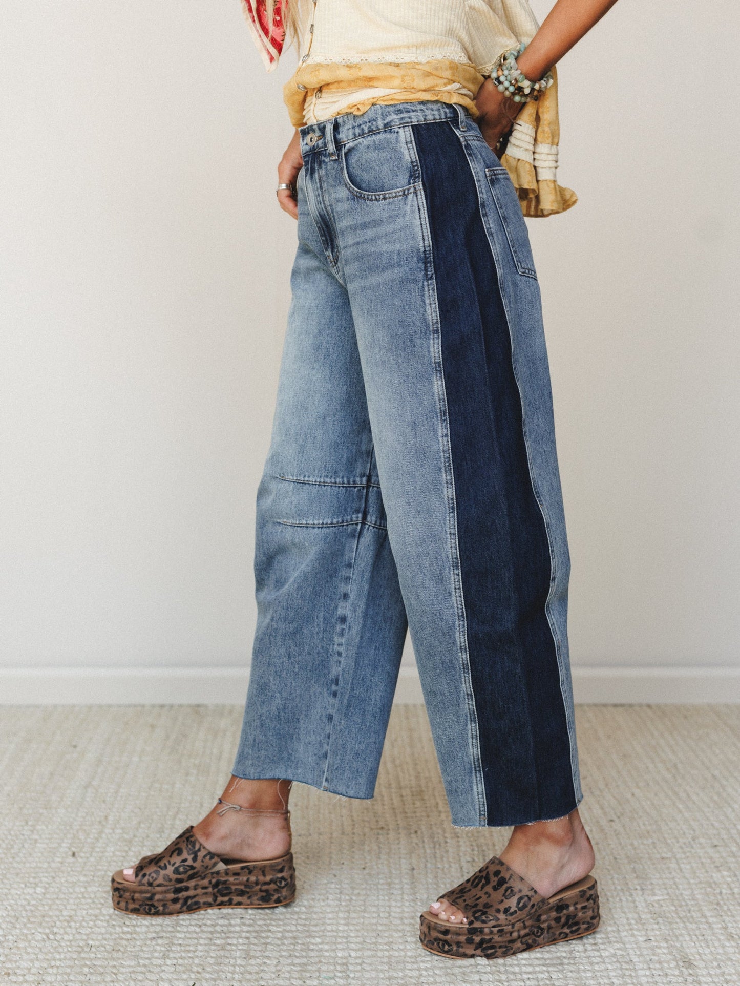 Two Tone Wide Leg Barrel Jeans - Denim