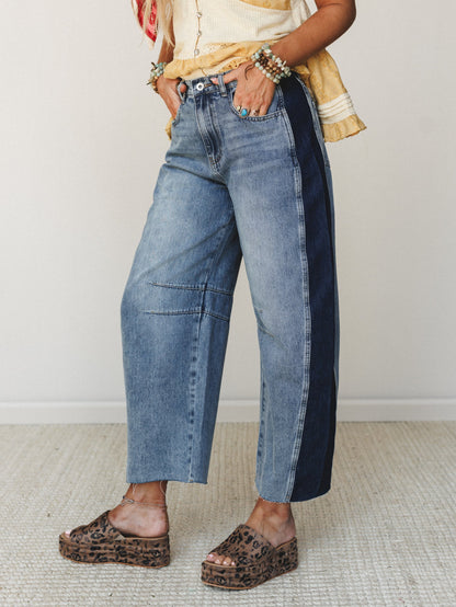 Two Tone Wide Leg Barrel Jeans - Denim