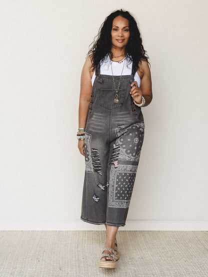 High Hopes Slouchy Denim Overalls - Black Bandana