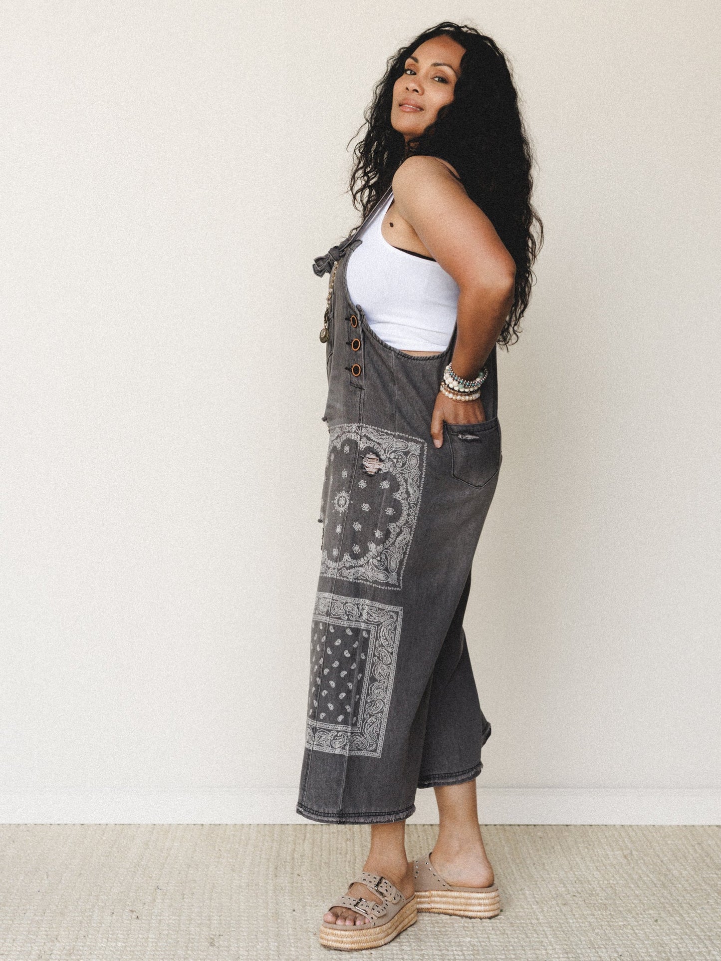 High Hopes Slouchy Denim Overalls - Black Bandana