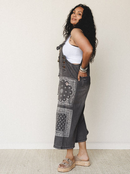 High Hopes Slouchy Denim Overalls - Black Bandana
