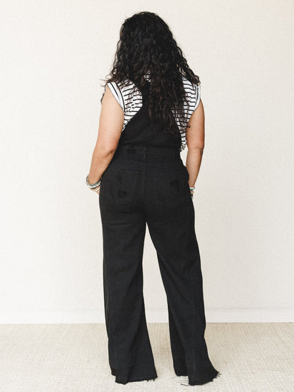 Milly Distressed Hem Wide Leg Overall - Black
