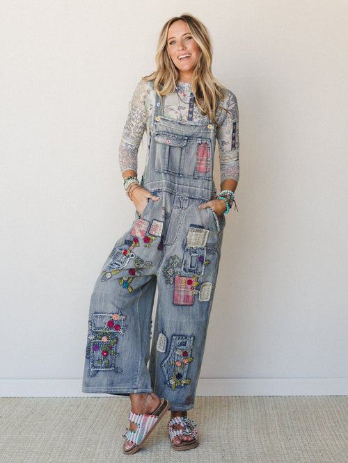 Perfectly Patched Denim Overalls - Washed Denim