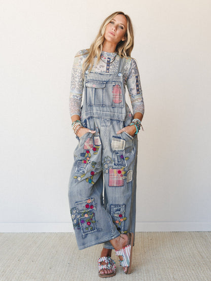 Perfectly Patched Denim Overalls - Washed Denim
