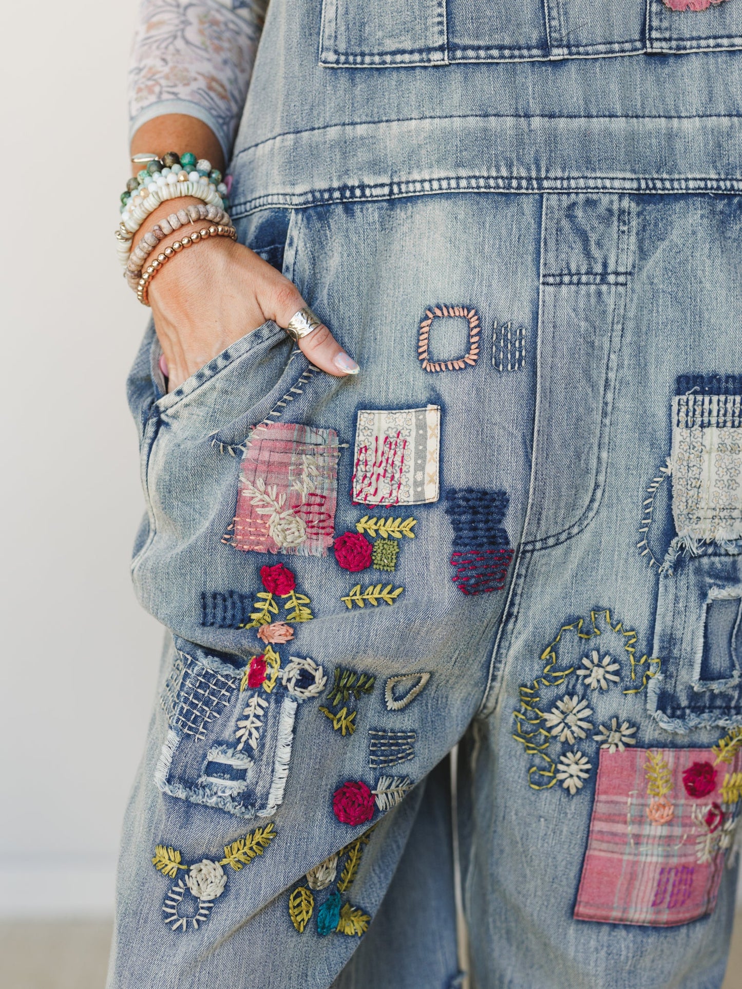 Perfectly Patched Denim Overalls - Washed Denim