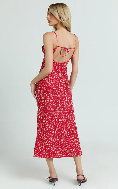 Hilton Midi Dress - Ruched Bust Slip Dress in Red Floral