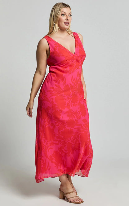 Jodie Midi Dress - V Neck Slip Dress in Pink Floral