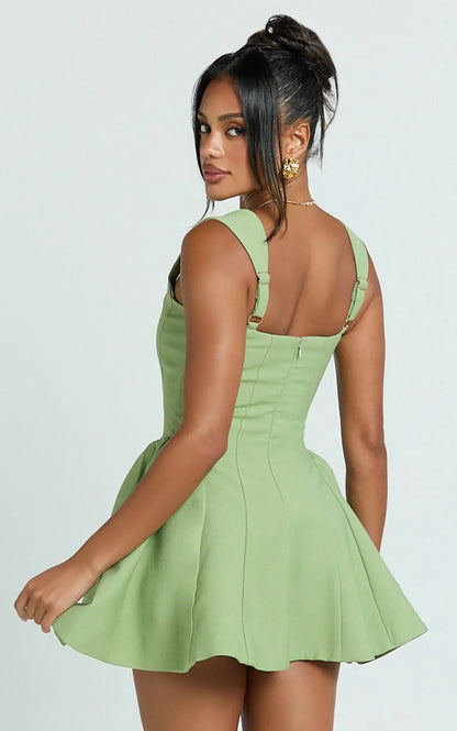 Kailee Mini Dress - Wide Strap Square Neck Fit And Flare Tulip Dress in Sage