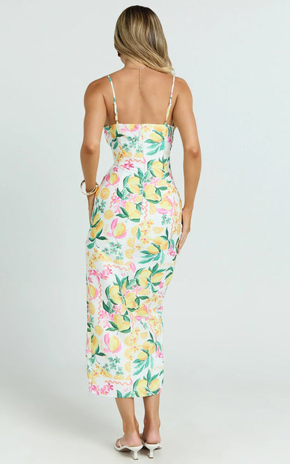 Janice Midi Dress - Knot Detail Front Split Dress in Le Citron