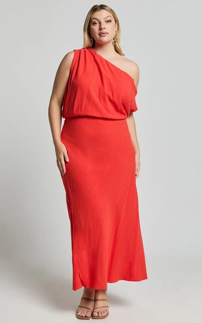 Jacqueline Midi Dress - Linen One Shoulder Dress in Sunset