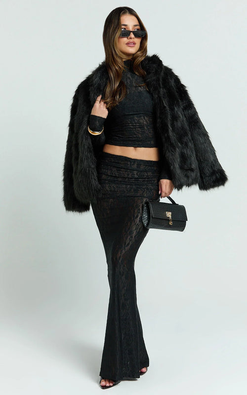 Kathleen Maxi Skirt - Mid Rise Ruched Wide Band Fishtail Jersey Skirt in Black