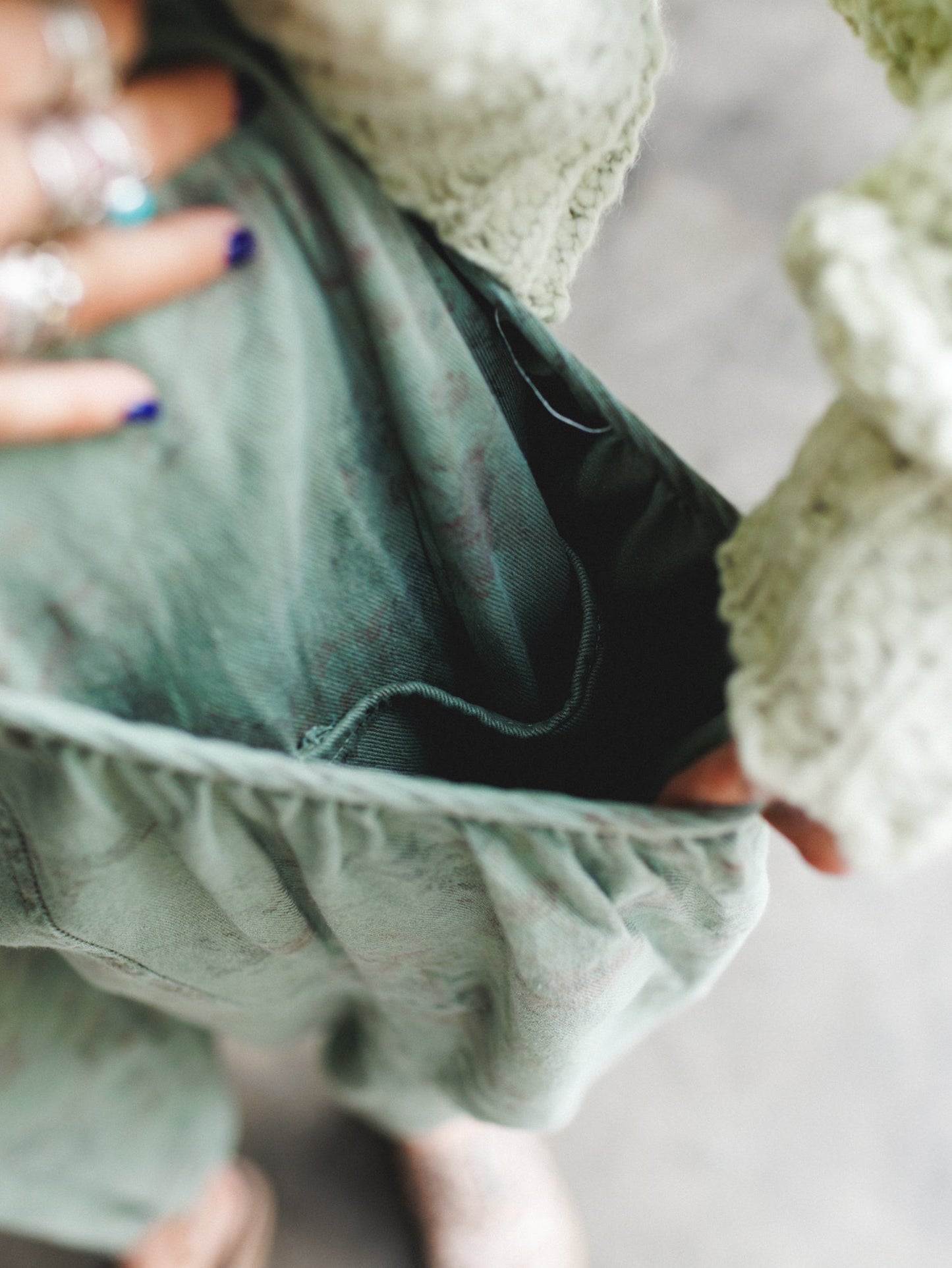 The Nest Nora Gathered Barrel Denim Pant - Olive Floral