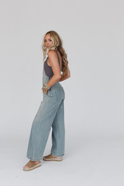 Rise And Shine Wide Leg Denim Jumpsuit - Denim